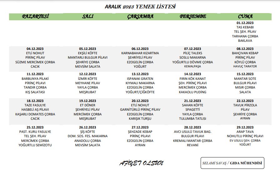 ARALIK YEMEK LSTES